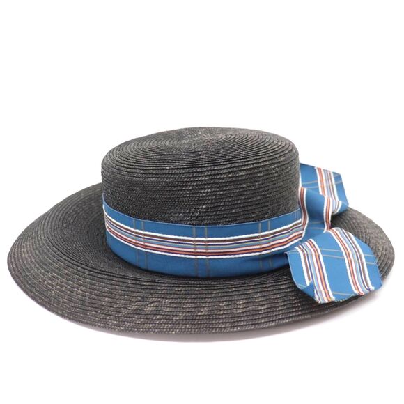 Vivienne Westwood >LIMITED< Oversized Black Straw Hat w/ Blue Plaid Ribbon VGUC